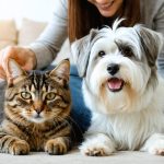 A caring pet owner administering CBD oil to a relaxed senior dog and a calm cat in a cozy living room setting.