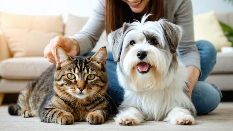 A caring pet owner administering CBD oil to a relaxed senior dog and a calm cat in a cozy living room setting.