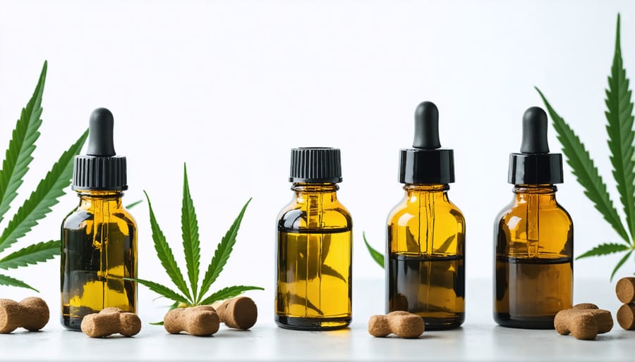 Display of different CBD product forms for pets including tinctures, chews, and balms