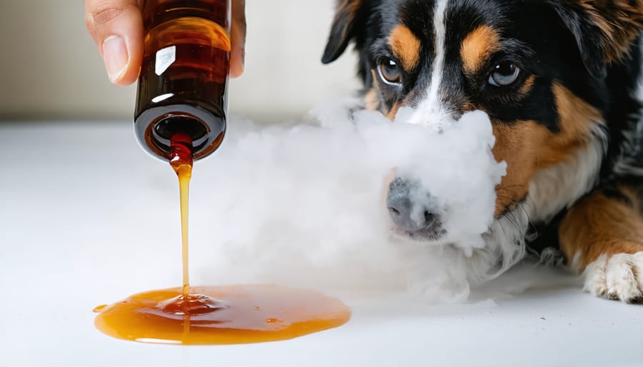 Person safely cleaning vape juice spill using proper materials while pet is secured in another room