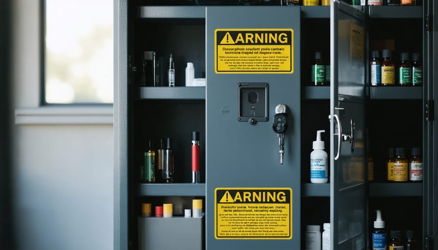 Secure storage cabinet containing vaping supplies with clear pet warning label