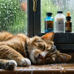 Image depicting a cat and dog resting peacefully by a rain-splattered window, with vaping supplies safely stored in a locked cabinet in the background, illustrating a pet-friendly home environment.