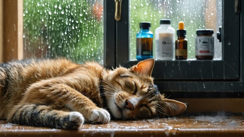 Image depicting a cat and dog resting peacefully by a rain-splattered window, with vaping supplies safely stored in a locked cabinet in the background, illustrating a pet-friendly home environment.